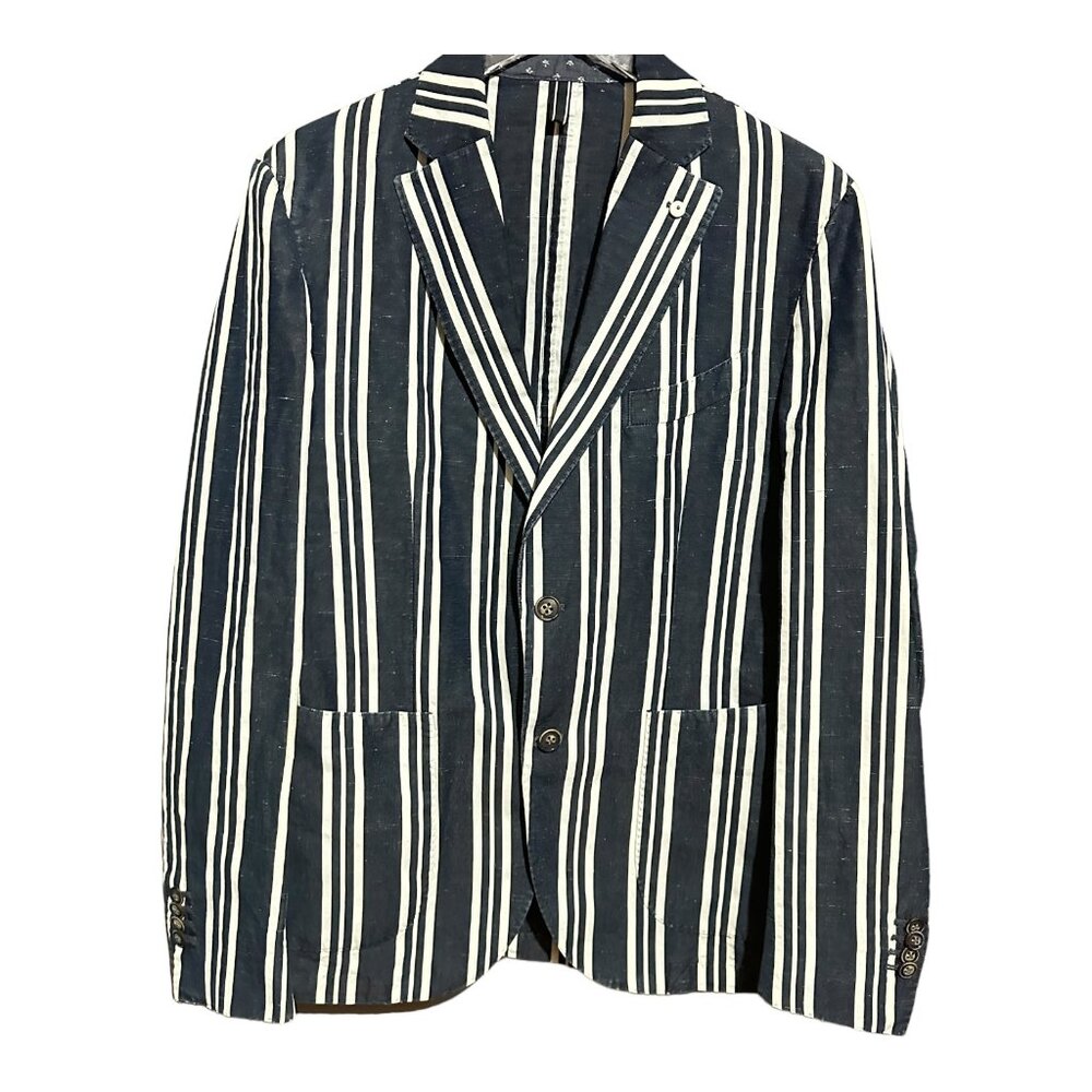L.B.M. 1911 Pintripe Cotton Linen Blue Jacket Men MED US 40R IT 50R Ltd Edition